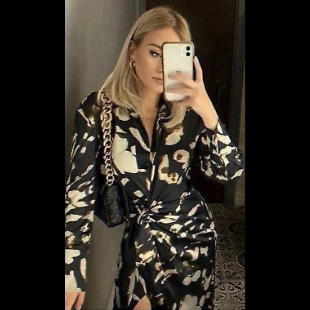 Zara satin printed wrap shirt dress